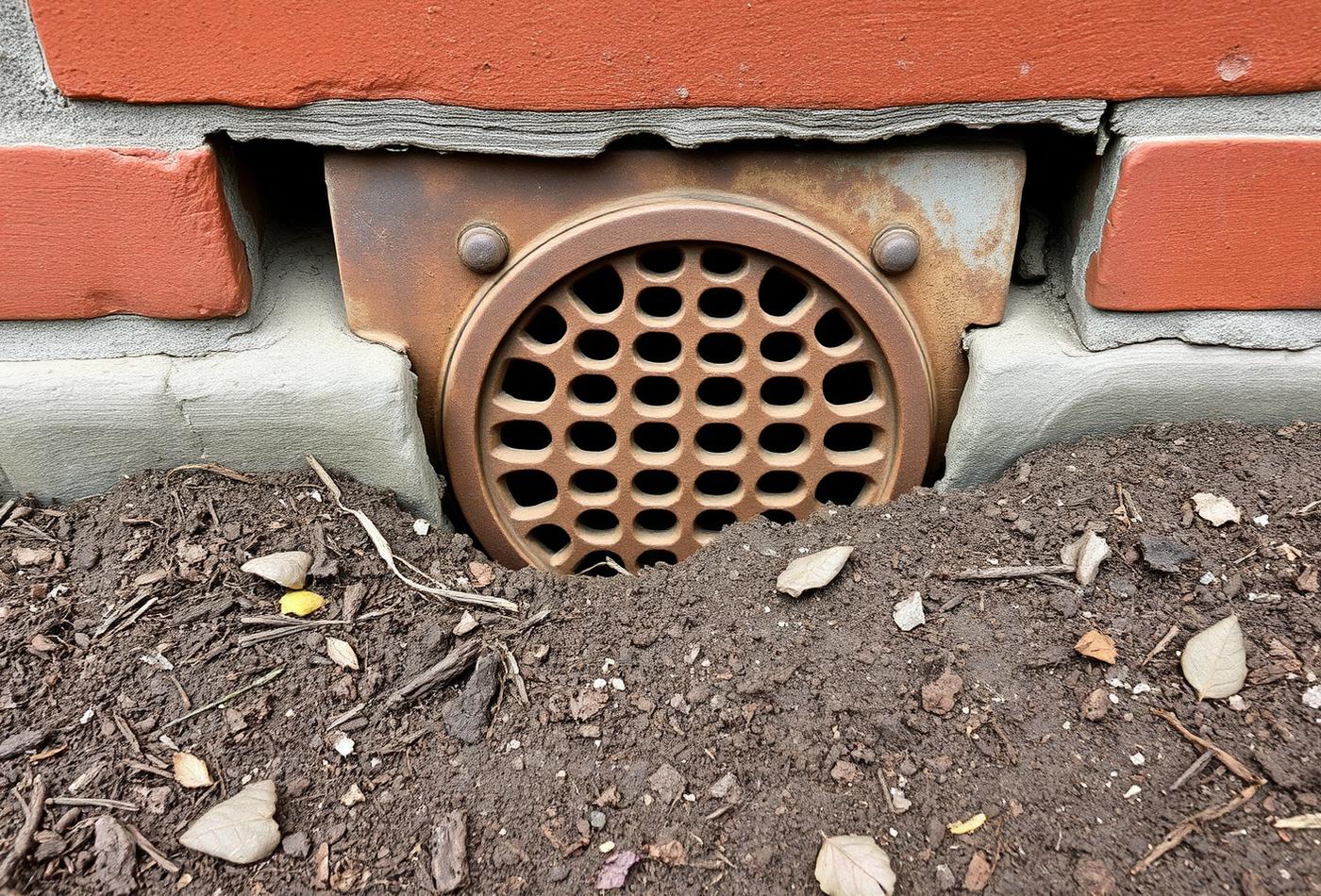 Rusted foundation vent at ground level with damp soil banked against the brick