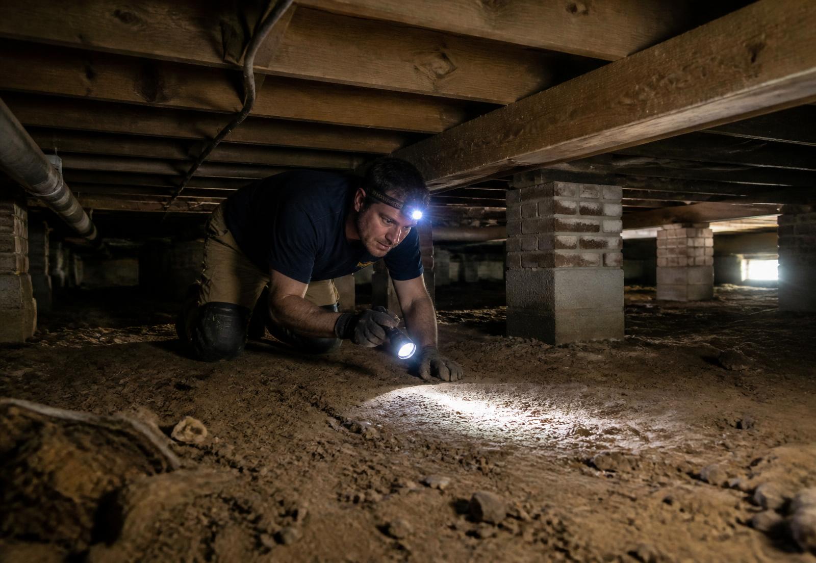 Technician with a headlamp inspecting the dirt floor of a crawl space beneath a Georgia home